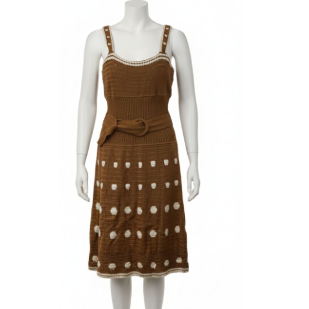 Catharine Malandrino Brown Knit Belted Polka Dot Midi Dress NWT 12